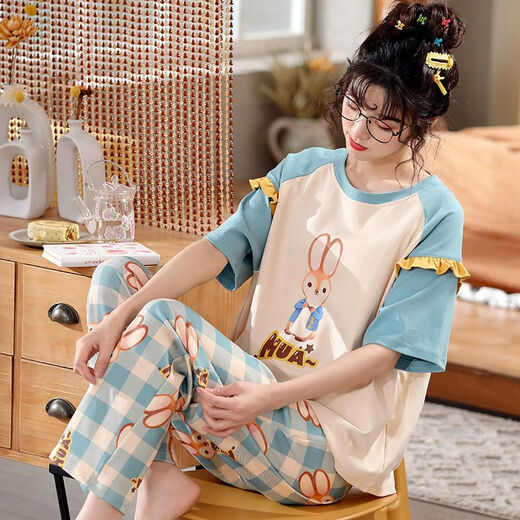 浪莎（langsha）睡衣女夏季棉质短袖薄款套装加大码胖mm200斤可爱卡通宽松家居服 B9923七分裤 M (80-100斤内)