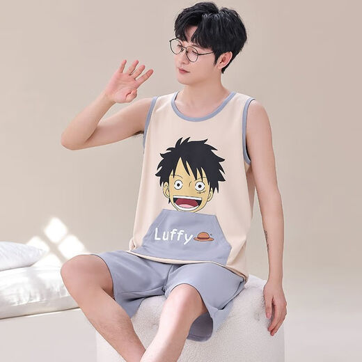 莫代尔无袖背心睡衣男士夏季棉大码宽松大学生卡通青少年加肥加大家居服 1349背心姜黄海绵宝男 L 100-120斤