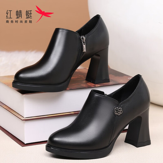 Red Dragonfly Women's Boots Genuine Leather Fashion Boots Ankle Boots Autumn and Winter British Style Leather Boots Thick Heel Mom's Shoes High Heels 8cm Black (Heel Height 8cm) 37