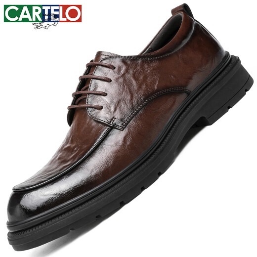 卡帝乐鳄鱼（CARTELO）英伦手抓纹皮鞋男商务软牛皮男鞋正装鞋男士皮鞋9758 棕色 40