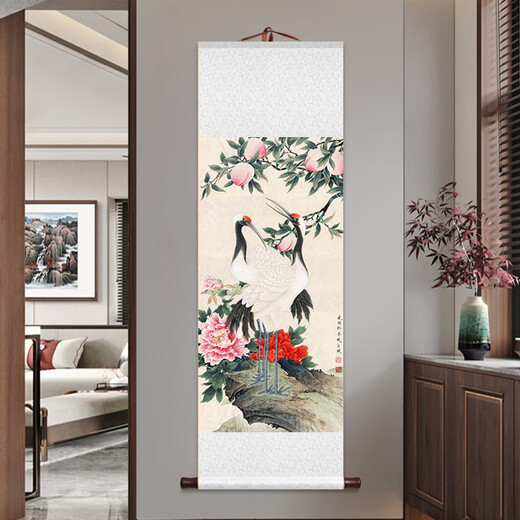 爱麒松梅双鹤卷轴挂画花鸟仙鹤名家国画新中式客厅书房茶室玄关壁画 ZFL1283款：松鹤延年 整体尺寸：41*132cm 乳白色锦绫+新款