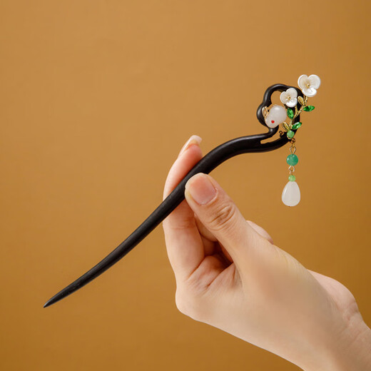 Chimera (CHIMERA) Jade Rabbit Flower Viewing Black Sandalwood Hairpin Ancient Style Updo Hairpin Tassel Walking Cheongsam Hanfu Headwear Girl Birthday Gift