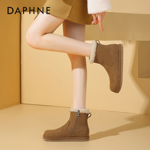达芙妮（DAPHNE）雪地靴女冬季2024新款面包鞋厚底百搭靴子女加绒加厚棉鞋 驼色 跟高2.5cm 35 标准尺码