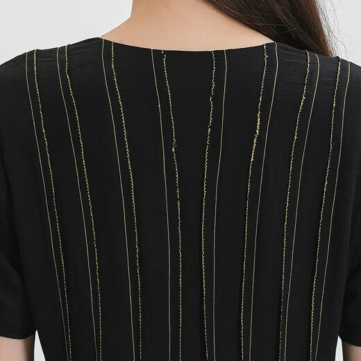 VOA Jacquard Mulberry Silk noir V-col en jaune jaune brillant décoration Coin pointu à manches courtes à double couche Robe de soie AE1396 Night Sky Black (B94) L