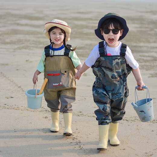 Zhe Wei's sea equipment, children's water play clothes, wading waterproof pants, kindergarten beach fishing suspenders, one-piece rain boots, waders, nylon pocket water play clothes, 10XL, 10XL, size 160, inner length 16 cm