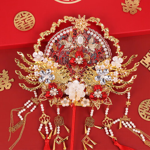 雪束团扇结婚新婚礼物送新娘新人喜扇双面重工成品秀禾扇子出嫁手捧花 相恋终生-楠木架+镶嵌礼盒成品 双面高订香槟色酒红色新婚团扇