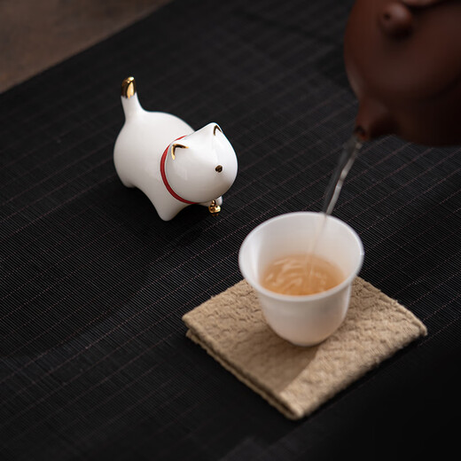 SUSHI CERAMICS mutton fat jade porcelain tea set accessories tea pet gold painted kitten J0876