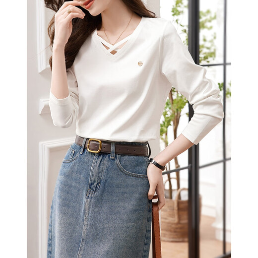 Demana (dme) temperament cotton polyester knitted women's T-shirt spring and autumn commuting v-neck micro-elastic long-sleeved T-shirt for women