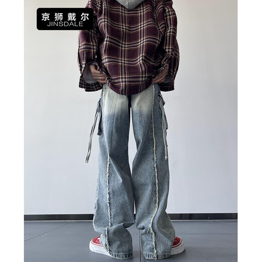 京狮戴尔美式复古破洞工装牛仔裤男秋季宽松直筒阔腿裤高街潮牌嘻哈休闲裤 复古蓝 K691 M (建议105-120斤)