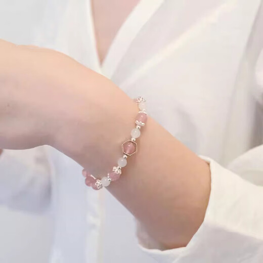 BOSFRU high-end pink quartz crystal bracelet for girls, Hetian jade small fresh, simple, sweet and cute style, gift-giving thin chain customization, suitable for clean hands with a circumference of 14cm