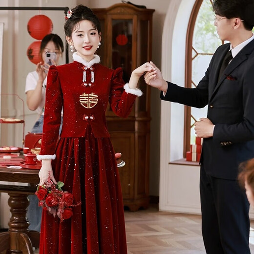 Li Baixin Cheongsam Toast Wear Bride 2025 New Burgundy Engagement Dress Chinese Wedding Long Sleeve Velvet Thickened Winter Burgundy M Recommended 90-100Jin Jin is equal to 0.5 kg