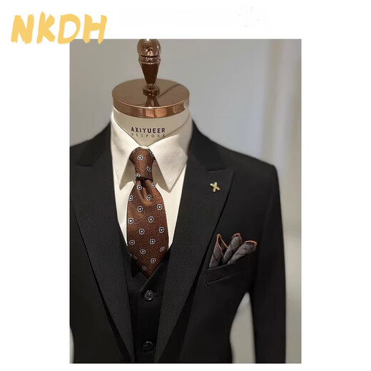 NKDH luxury brand suit suit men's autumn and winter wedding dress business casual formal dress groom's slim style three-piece suit XF601 navy blue (suit + vest + trousers) 2XL
