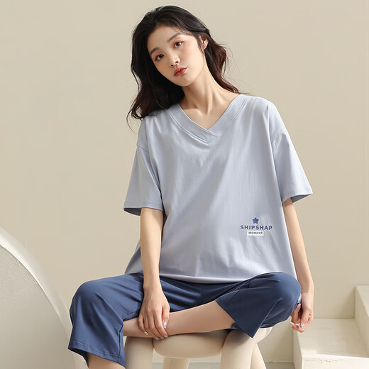 美即莱 2022年新款睡衣女夏季纯棉短袖七分裤套装休闲可外穿全棉家居服 684 L（身高158-167体重100-125）