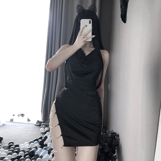 性感睡衣女极度诱惑露阴免脱jk制服情趣丝袜套装丁字裤变态露乳开 9712黑睡裙+T裤兔女郎后妈裙包