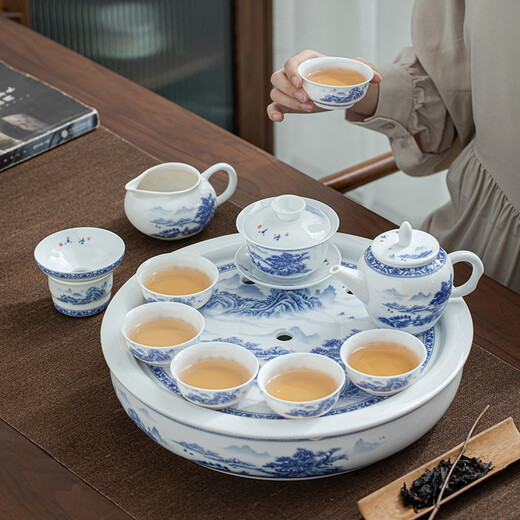 SUSHI CERAMICS National Trend Blue and White Kung Fu Tea Set Water Storage Tray Three-Cai Cover Bowl Teapot Thin Body Teacup Large Set Gift Box J0429