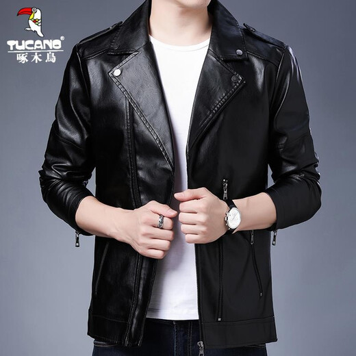 Woodpecker Leather Men's Jacket 2025 Autumn New Leather Jacket Men's Imitation Leather Jacket Business Slim Trendy Motorcycle Jacket Men Black XL