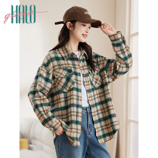 Halo Queen thick long-sleeved shirt women's autumn and winter trendy pocket plaid shirt new casual top jacket H144C6004
