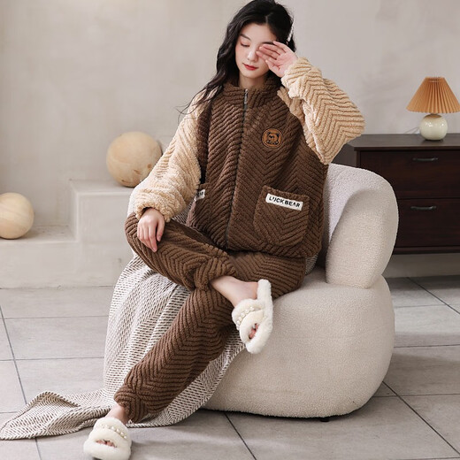 取纯睡衣女秋冬季法兰绒加绒加厚珊瑚绒甜美可爱冬天女圆领家居服套装 9712可可棕 M:适合穿着体重80斤-100斤