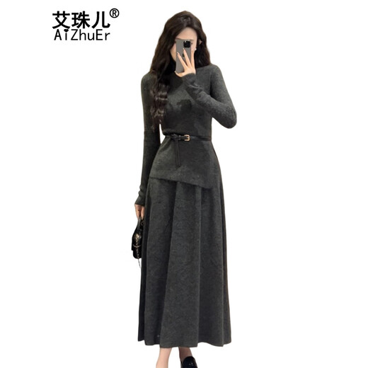Aizhuer Xiaoxiang Hepburn style knitted dress winter 2025 new tea style fashionable women's suit autumn and winter dark gray suit + free belt one size fits all (recommended 80-140 Jin Jin equals 0.5 kg)