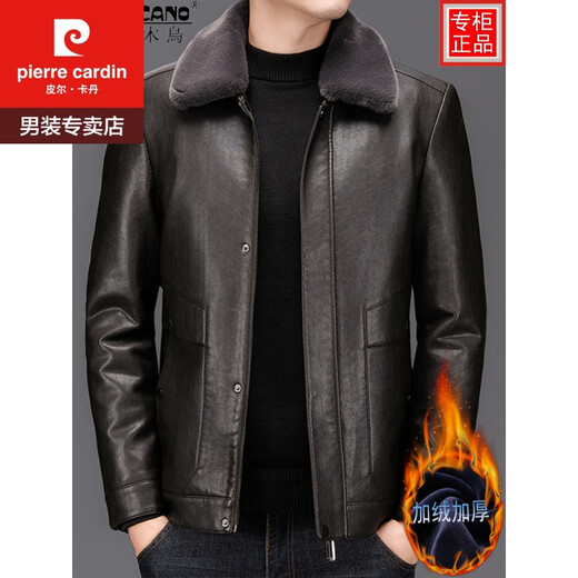 皮尔卡丹（pierre cardin）男士皮夹克加绒加厚皮衣秋冬季外套真皮毛领内胆可拆卸 A22黑色 XL/135-150斤