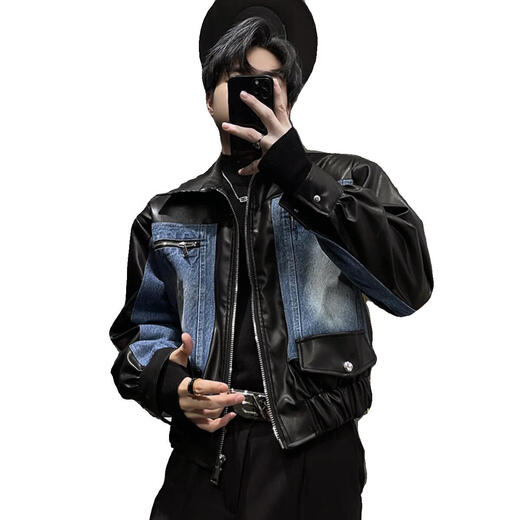 M-manyutie素拼复古拼皮牛仔外套男秋款小众拼接设计韩版小个子短款夹克休闲 黑蓝 ac-6167短款皮衣 m95-125斤模特试穿码