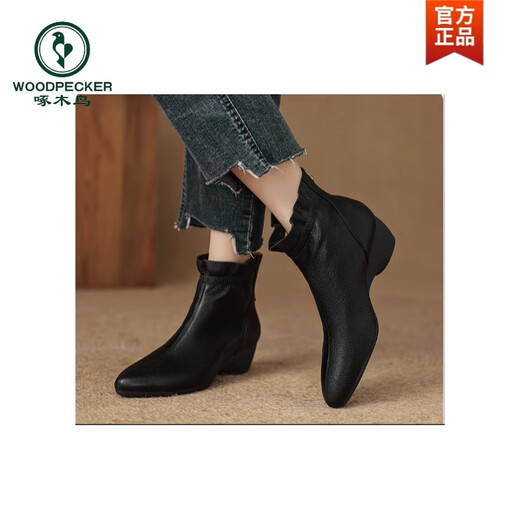 Woodpecker lambskin short boots for women 2025 new spring and autumn wedge heel small fragrant style flat ankle boots super soft bare boots pointed toe single boots black upgraded version 35