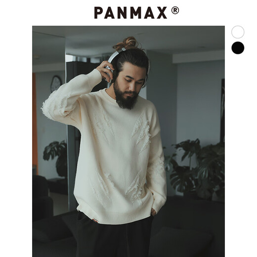 PANMAX大码潮牌男装休闲立体加厚毛衣设计感不扎肤圆领套头针织重磅上衣 黑色 5XL