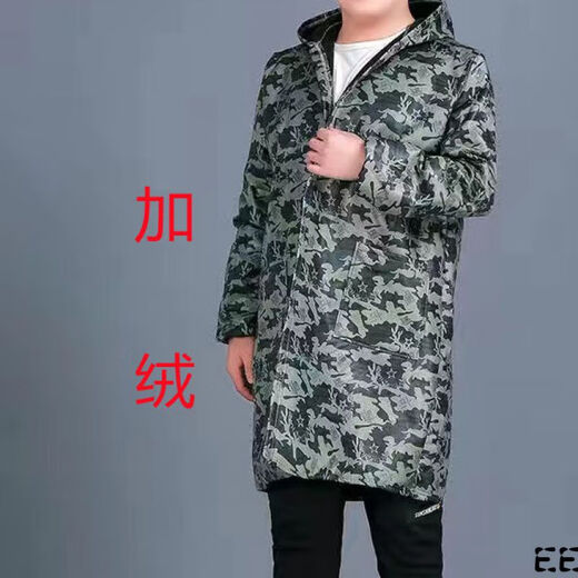 Guiren Xiong velvet thickened smock, warm coat, men's and women's work clothes, waterproof and oil-proof camouflage long coat, kitchen long-sleeved labor insurance suit, green floral (with hood), medium size (120-170)