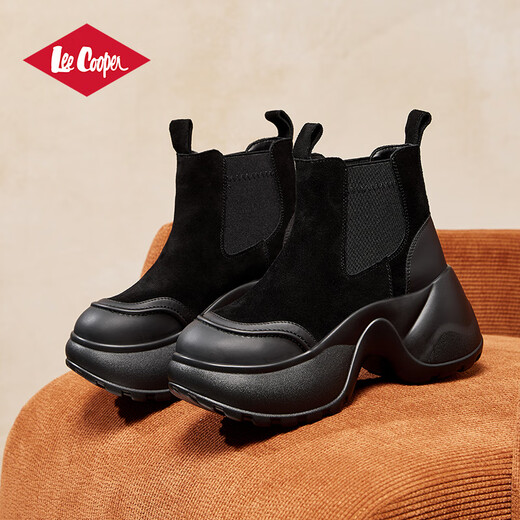 Lee Cooper切尔西靴子女靴冬季加绒保暖增高马丁靴女烟筒靴中筒雪地靴短靴女 黑色薄绒(适合南方) 38