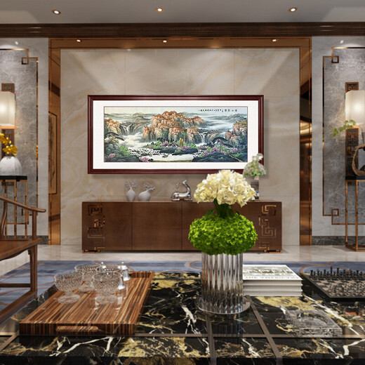 Jiji Furniture Fushan Jubao hand-painted calligraphy and painting authentic Chinese style living room landscape cornucopia hanging painting Chinese painting ink painting elegant terracotta solid wood frame four feet (frame size 80*160cm)