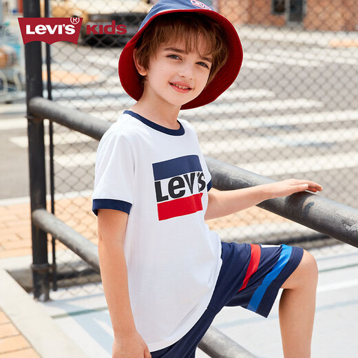 Levi's Levi's summer boys' short-sleeved T-shirt, fashionable and versatile children's clothing, classic three-color label pure cotton half-sleeved top, milk white 150/72 recommended height 140-152cm