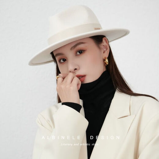 ALBINELE French new autumn and winter flat-brimmed woolen hat for men and women, fashionable wide brim black versatile European and American large head circumference camel mixed camel (fashionable) M size 54-57cm head circumference (regular) adjustable