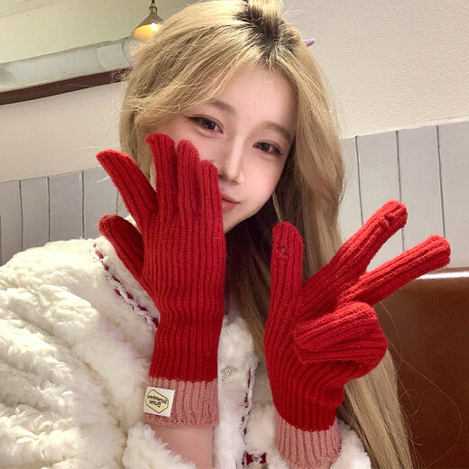 
Shantoulin Village Christmas Red Wool Gloves for Women in Winter Extended Warm Knitted Anti-freeze Finger-Touchable Cute Gloves #1048-Red Hat + Gloves All Size