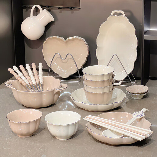 山头林村启派陶瓷碗盘餐具高温釉下彩乔迁礼物碗碟盘子碗筷套装家用一整套 10人食描金普通装1237 45件套