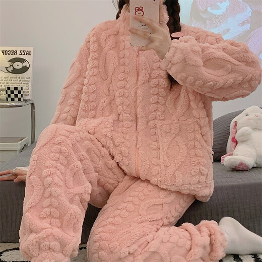 加绒睡衣女秋冬保暖加厚珊瑚绒家居服开衫拉链简约纯色法兰绒套装 HS983米白提花拉链 M
