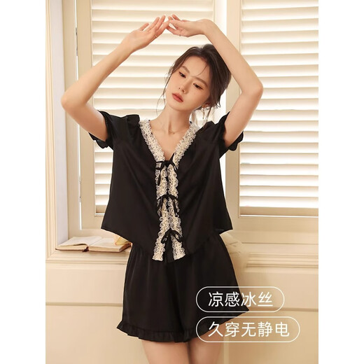 MOXTOC French ice silk pajamas for women 2024 summer new short-sleeved shorts two-piece set sweet women's suit home clothes black 55J1278 [long suit] XL