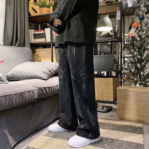 Kefeiwo tie-dyed jeans for men spring high street hip-hop loose wide-leg straight pants handsome casual floor-length trousers Haowei-3317 black XL (recommended weight 120-135 Jin Jin equals 0.5 kg)