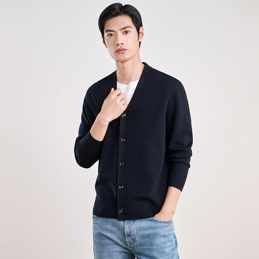 Hengyuanxiang Basulan worsted wool sweater men's machine washable sweater solid color casual V-neck sweater cardigan black navy L /175/92A
