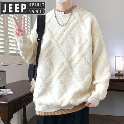 JEEP SPIRIT假两件圆领毛衣男秋冬季菱格提花针织衫青年加厚保暖打底毛线衣 9227黑色 XL 约120-140斤可穿
