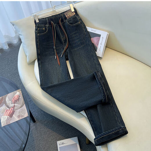 Xuan Mulins New Damen Long Ärger lose modische Hemd mit mittlerer Länge elastischer Taillenjeans für den Frühling der Frauen, Herbst und Winter 2024 Neue Hochtaille 1278 Blue S 80-95