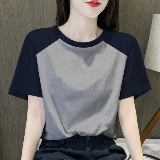 依慕琪吉祥美国重磅复古插肩女士短袖t恤衫2024新款棉体恤设计感小众上 854花灰色-插肩袖 均码 s