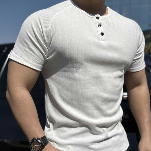 Giselen Henry Shirt Men's Heavyweight American Thread Thread Short Polo à manches courtes Sports et T-shirt Fitness Casual Fitness White 2xl 150-170Jin [Jin est égal à 0,5 kg]