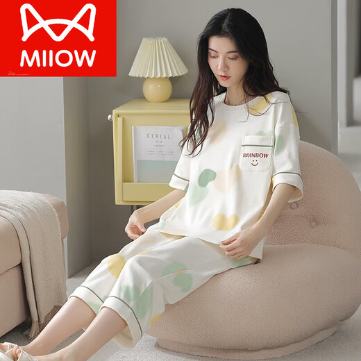 猫人（MiiOW）2024睡衣女士夏季薄款纯棉短袖七分裤可外穿甜美休闲全棉家居服 9892 M 建议75-90斤穿