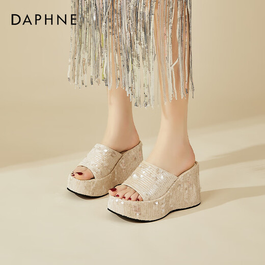 
Daphne thick-soled sequin high-heeled heeled sandals for women in summer small heightened fashion flip-flops for women apricot color 36