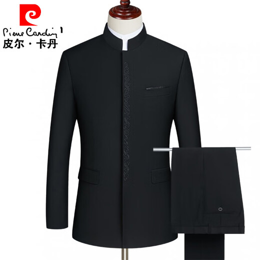 Pierre Cardin autumn Chinese tunic suit men's Chinese stand-up collar suit formal father's wedding dress professional wear knitted 988 black hidden button Xiangyun 190B