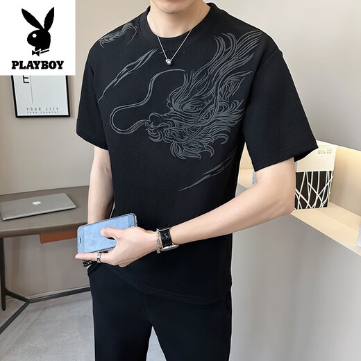 花花公子（PLAYBOY）男士短袖T恤夏季薄款潮流中国风体恤 T9859绿色 M 建议体重95-110斤