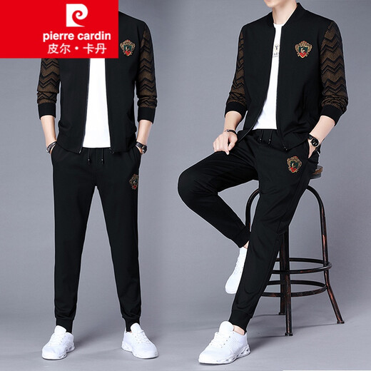 Pierre cardin sweatshirt men's sports suit men's spring and autumn casual two-piece set trendy and versatile handsome pants clothes jacket knit black 6628 180/92A
