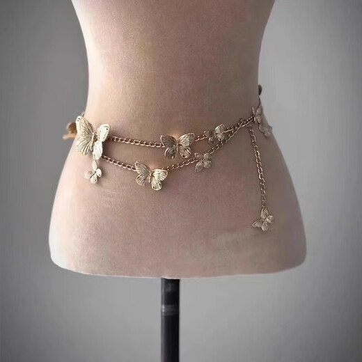 CHUXIANG retro golden butterfly waist chain necklace, a two-wear niche style, light luxury, sweet and cool hot girl body chain, golden butterfly tassel waist chain A28-308