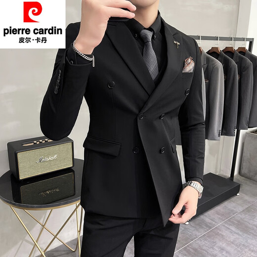 Pierre Cardin double-breasted suit suit for men, casual business suit, groom's wedding dress, handsome slim fit suit for men, medium gray two-piece suit (suit + trousers) 2XL (140-150Jin Jin is equal to 0.5kg)