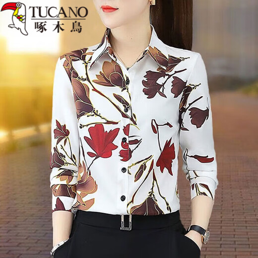 
Woodpecker shirt women's shirt women 2022 printed chiffon long-sleeved autumn new fashionable base floral professional outfit 3519_red S_suggested 80-95Jin[Jin equals 0.5 kg]